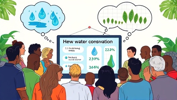 An artistic depiction of a diverse group of people gathering around a digital screen displaying water conservation tips and statistics, with thought bubbles showing water droplets and green leaves, representing community engagement and environmental awareness.