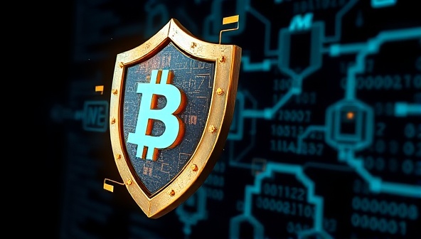 An artistic representation of a shield made of blockchain blocks protecting a website interface from digital threats and cyber attacks, symbolizing the secure and fortified nature of BlockShield WebGuard's blockchain security services.