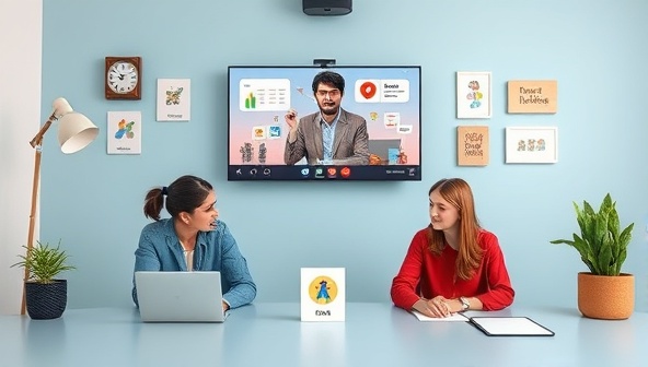 An engaging virtual language coaching setup with coaches conducting language lessons on video calls, using interactive language learning tools, cultural props, and real-time language practice scenarios, creating an immersive and interactive language learning environment.