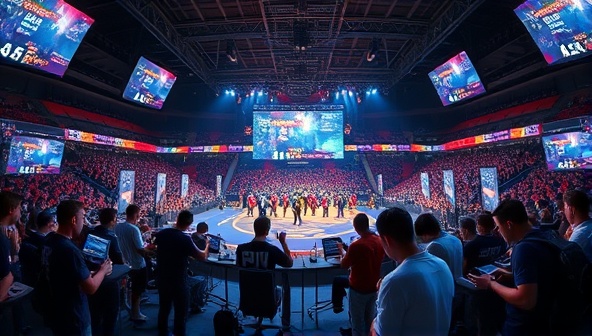 A dynamic virtual arena filled with avatars of gamers competing in an intense gaming tournament, surrounded by digital screens displaying game statistics and cheering spectators, capturing the excitement and competitiveness of virtual gaming events.