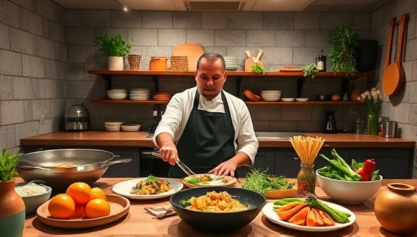 An immersive virtual cooking class setting with a chef demonstrating culinary techniques, fresh ingredients, and vibrant dishes, creating a sensory and interactive culinary experience that transports participants to different gastronomic destinations.