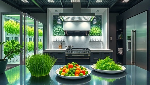 A futuristic kitchen setup with sleek vertical algae farming units displayed alongside vibrant plant-based protein products made from freshly harvested algae, conveying a modern and sustainable approach to protein production.