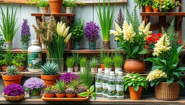 An enchanting herbal garden scene with a variety of medicinal plants, herbal remedies, and wellness products arranged in a picturesque display, evoking a sense of natural beauty and holistic healing through herbal care.