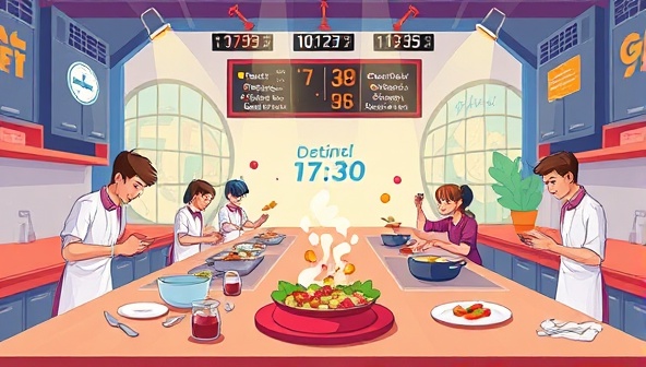 A vibrant digital illustration of a virtual cooking showdown where participants are preparing dishes in their kitchens, with timers ticking, ingredients flying, and judges observing the culinary creations, capturing the excitement and creativity of the cooking competition experience.
