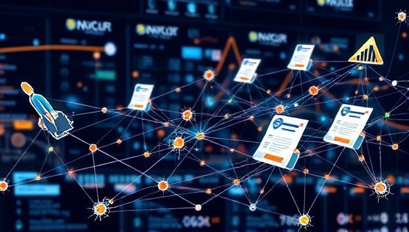 An interconnected network of blockchain nodes visualized in a digital marketplace setting, with invoices flowing securely between businesses and investors, accompanied by symbols of growth and financial stability, illustrating the efficiency and trustworthiness of BlockInvoice Exchange in revolutionizing invoice financing.