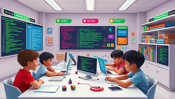 An engaging virtual coding classroom filled with colorful code blocks, animated characters, and coding challenges, where kids are seen collaborating, problem-solving, and exploring the world of programming in a fun and interactive digital space, fostering creativity and computational skills in young learners.