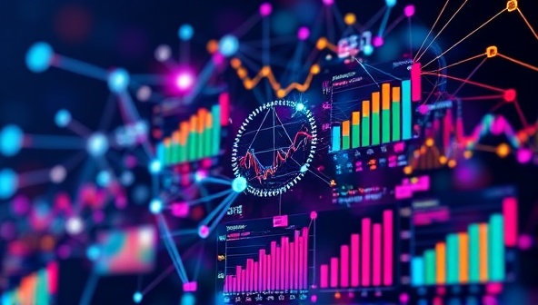 An abstract representation of interconnected data nodes and AI algorithms processing market research data, with colorful graphs and charts displaying key insights, symbolizing innovation and informed decision-making for startups.