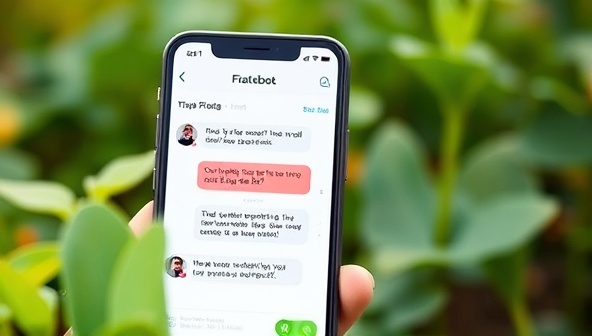 An engaging visual representation of the Botanic Consult chatbot interface on a smartphone screen, showcasing a virtual conversation between a farmer and the chatbot, exchanging crop advice and recommendations, illustrating the convenience and accessibility of AI-powered agricultural consultation services.
