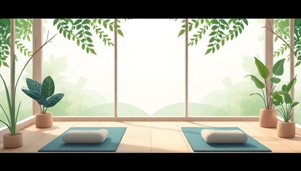 A serene digital illustration featuring a tranquil virtual retreat setting with calming nature elements, yoga mats, and meditation cushions, conveying a sense of peace and relaxation in the online wellness experience.