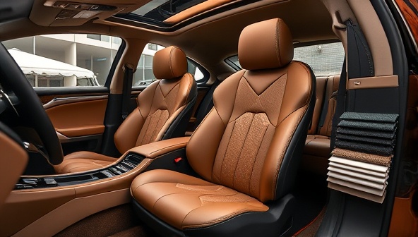 An opulent car interior with custom leather seats, bespoke stitching, and luxurious trimmings, surrounded by premium interior design samples and swatches, illustrating the sophisticated and high-end services offered by LuxuryRide Interiors.