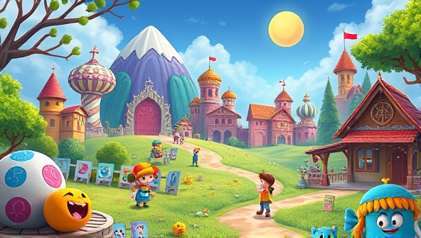 An enchanting digital world filled with colorful characters and whimsical landscapes, inviting children to explore and engage in interactive storytelling adventures, blending education and entertainment seamlessly.