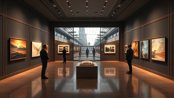 An elegant virtual art gallery space with digital art installations, gallery walls showcasing diverse artworks, and visitors exploring the exhibitions, creating a sophisticated and immersive art experience in a digital realm.
