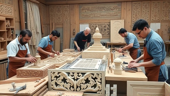 An image of a workshop setup with participants engaged in artisanal crafts, sculpting intricate architectural details, carving wood ornaments, and forging metal components, surrounded by tools and raw materials, evoking a sense of traditional craftsmanship and creativity in architecture.