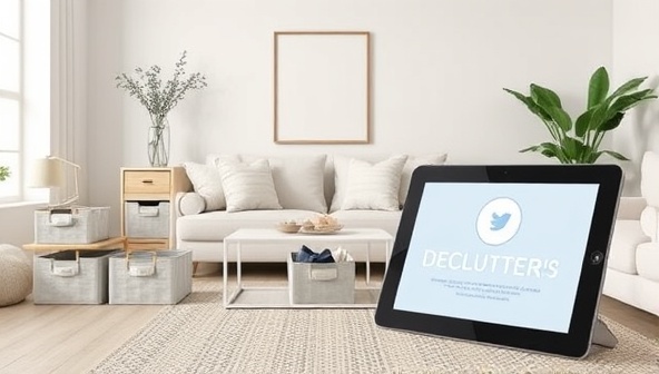 A serene and organized living room space with labeled storage bins, minimalist decor, and a digital tablet displaying virtual decluttering tips and strategies, conveying a sense of calm and order in home environments.
