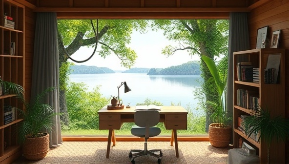 An artistic virtual background of a tranquil writing retreat setting, with a cozy writing desk, lush greenery, and a serene lake view visible through a digital window, inspiring creativity and focus for virtual workshop participants.