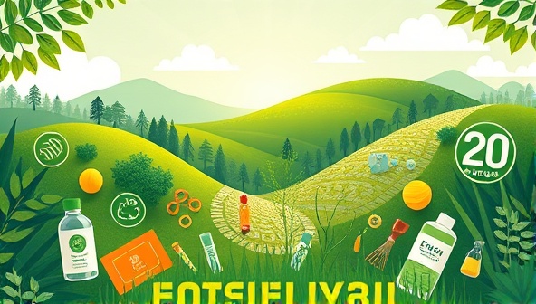 A visually captivating illustration featuring a lush green landscape with eco-friendly product placements and sustainability symbols, representing the essence of Ecofluence's mission to connect brands and influencers for a greener future.