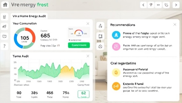 A virtual home energy audit interface showcasing energy consumption data and personalized recommendations.