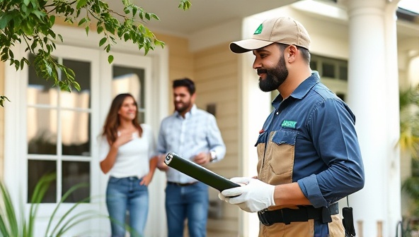 An eco-friendly pest control technician wearing a branded uniform inspecting a home using natural pest control methods, with happy customers in the background enjoying a pest-free environment.