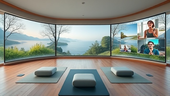 A serene digital landscape with calming nature scenes, yoga mats, meditation cushions, and wellness activities displayed on virtual screens, inviting participants to immerse themselves in a virtual wellness retreat experience at ZenZone Retreats.