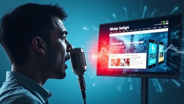 An innovative visual of a person speaking into a microphone, with a website design rapidly changing on a screen in response to the voice commands, showcasing the seamless and futuristic experience offered by VoiceDesignPro.