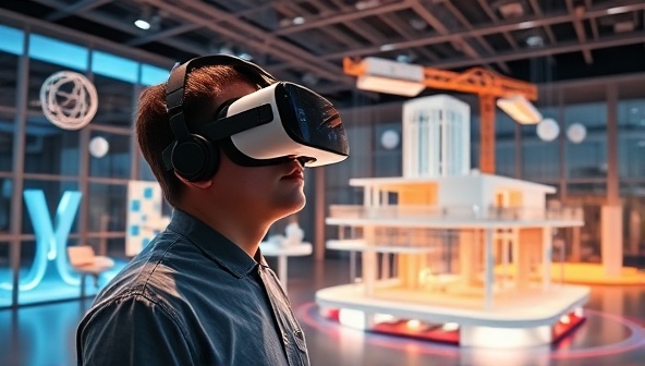 An image of a person wearing a virtual reality headset and interacting with a digital architectural model in a futuristic showroom, surrounded by floating design elements and a virtual construction site, illustrating the innovative and immersive nature of virtual reality architecture.