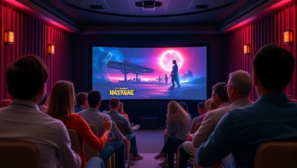 An immersive virtual theater setting with users from different countries watching a movie together on-screen, chatting and reacting in real-time, capturing the essence of a shared movie night experience online.