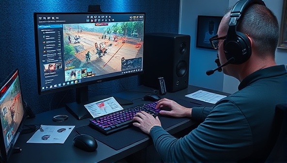 An intense gaming setup with a professional coach guiding a player through strategic gameplay on a large monitor, surrounded by gaming peripherals and reference materials, illustrating the focused and supportive coaching environment.