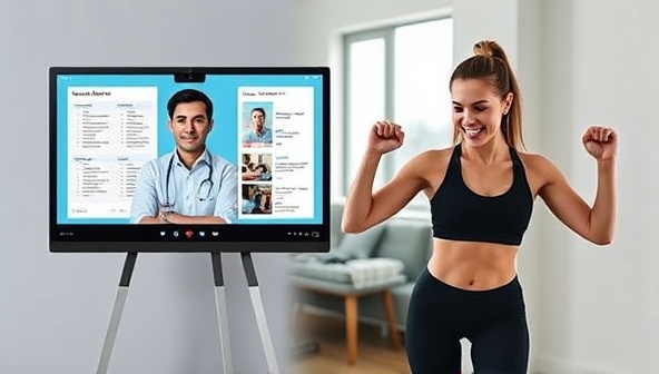 A split-screen image showing a fitness expert conducting a virtual consultation with a client, displaying workout plans and nutrition recommendations on one side, and the client following the advice with enthusiasm and determination on the other side, capturing the essence of personalized guidance and motivation offered by FitSync.