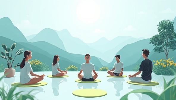 A serene digital illustration of a virtual mental wellness retreat within SerenityScape, featuring participants engaged in mindfulness activities, nature sounds, and relaxation exercises, creating a peaceful and rejuvenating atmosphere for mental well-being.