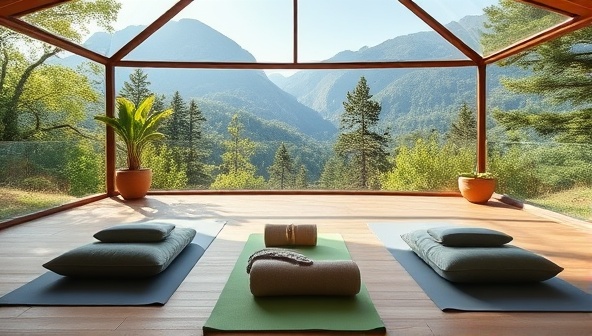 An immersive virtual retreat setting with a serene backdrop of nature, yoga mats, meditation cushions, and calming essential oils, creating a tranquil and rejuvenating atmosphere for WellnessWanderlust subscribers.