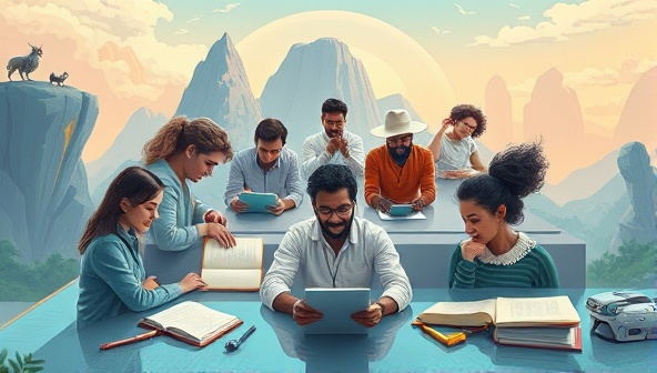 A dynamic visual of diverse writers engaged in a virtual writing challenge, surrounded by animated fantasy landscapes and futuristic writing tools, capturing the spirit of creativity, competition, and community in a digital realm.