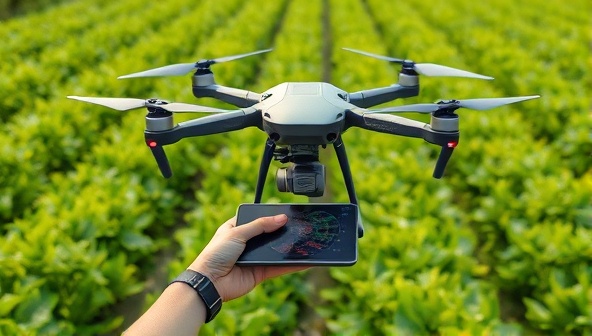 A high-tech drone equipped with specialized sensors hovering over a lush green crop field, capturing detailed aerial imagery, and transmitting data to a tablet held by a farmer, illustrating the efficiency and precision of crop monitoring.