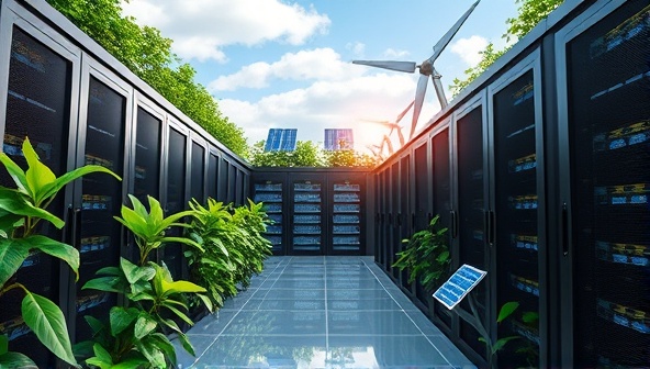 An artistic representation of a sustainable data center facility powered by renewable energy sources, with rows of energy-efficient servers and cooling systems, surrounded by greenery and solar panels, symbolizing the fusion of technology and sustainability in data hosting services.