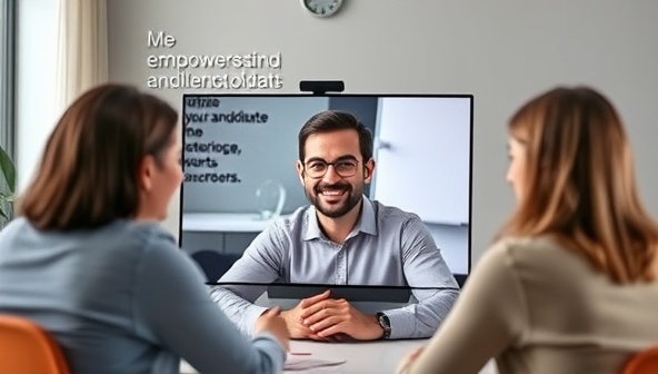 An engaging virtual meeting setup with a professional coach mentoring a candidate through a video call, displaying a positive and supportive interaction environment, with motivational quotes in the background, evoking a sense of empowerment and confidence-building.