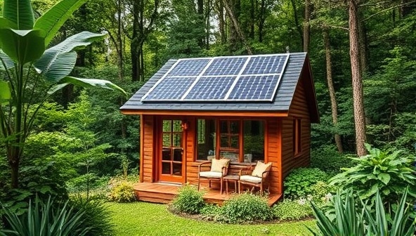 An artistically designed tiny home surrounded by lush greenery, showcasing solar panels on the roof, large windows, and a cozy outdoor seating area, evoking a sense of harmony with nature and modern eco-living.