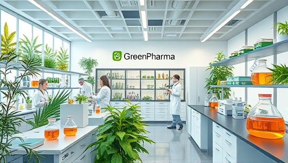 An artistic depiction of GreenPharma Labs' research facility, featuring a state-of-the-art laboratory with botanical specimens, scientific equipment, and researchers engaged in plant extraction and analysis processes, reflecting innovation, sustainability, and scientific exploration in plant-based drug development.