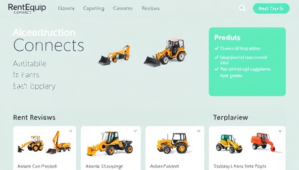 An online platform interface showcasing a variety of construction equipment options available for rent, accompanied by user reviews, equipment specifications, and rental pricing details, emphasizing the convenience and accessibility of RentEquip Connect's rental marketplace.