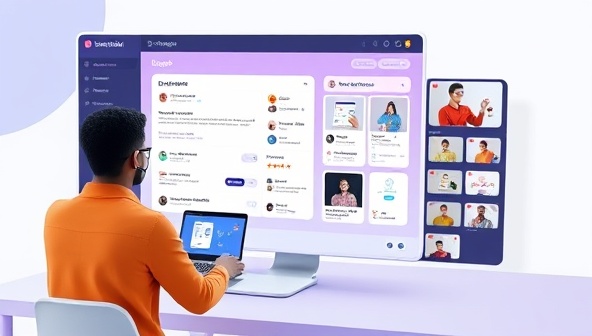An interactive platform interface mockup showing a designer browsing through project requests, client reviews, and design portfolios, creating a dynamic and engaging experience for users on DesignHub+.
