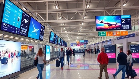 A bustling airport terminal featuring dynamic digital displays that change content based on flight schedules, weather updates, and passenger demographics, illustrating the seamless integration of real-time data into digital signage for enhanced customer engagement.