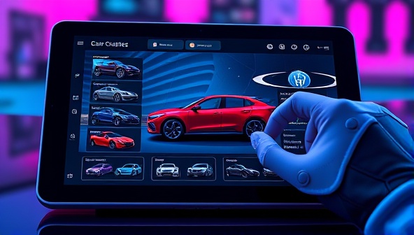 An interactive digital interface showing a user exploring different car customization options on a sleek, futuristic tablet, with vibrant colors and dynamic design elements to convey a sense of excitement and personalization.