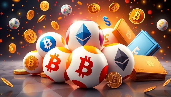 An eye-catching digital artwork depicting a blend of traditional lottery symbols and cryptocurrency elements, such as lottery balls with Bitcoin logos, Ethereum icons, and digital wallets, symbolizing the fusion of traditional and modern finance in the CryptoLottoWin service.