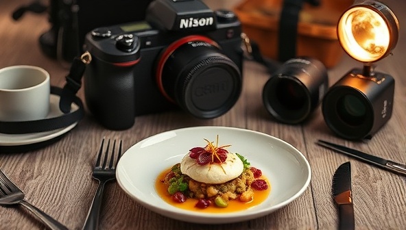 An artistic setup featuring a camera capturing a beautifully plated dish, surrounded by photography equipment, props, and editing tools, illustrating the essence of the online food photography course and the artistry behind capturing culinary moments.