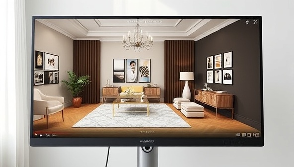 An elegant room visualization on a computer screen, showcasing a virtual interior design consultation in progress, with mood boards, color swatches, and furniture layouts, creating a sophisticated and creative atmosphere for clients seeking design inspiration.