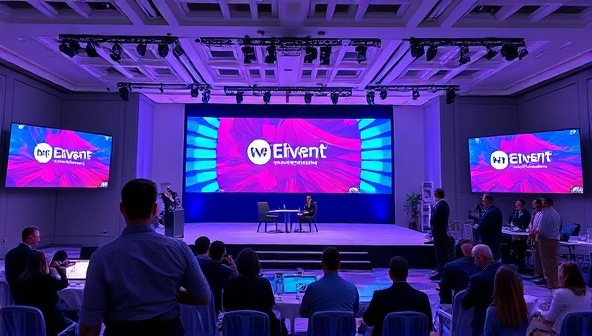 An immersive visual of a virtual event setup with a stage, digital screens displaying event branding, and attendees interacting in a virtual space, capturing the essence of a professional and engaging virtual event experience.