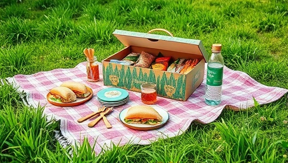 A picturesque outdoor setting with a cozy picnic blanket spread out on lush green grass, adorned with a beautifully arranged GreenPicnic Box filled with delicious sandwiches, salads, and snacks, alongside reusable bamboo utensils and a reusable water bottle, embodying sustainability and relaxation.
