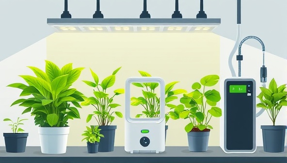 An artistic illustration of a modern, sleek indoor garden setup with lush green plants, high-tech grow lights, and a compact watering system, showcasing the convenience and aesthetic appeal of the smart indoor farming kit.
