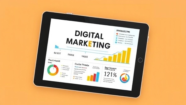 A stylized digital marketing plan on a tablet screen, with colorful charts, social media mockups, and keyword optimization strategies, symbolizing precision and customization in digital marketing solutions.
