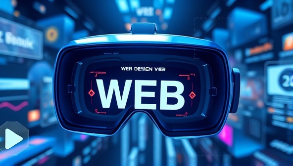 An immersive VR headset with a futuristic web design projected inside, surrounded by digital elements and graphics, illustrating the concept of blending VR technology with web design for a unique user experience.