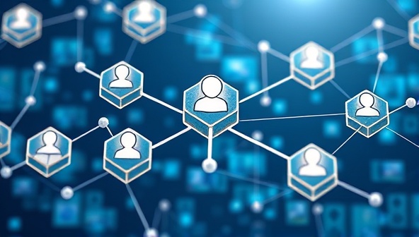 An innovative visualization of a blockchain publishing network, featuring interconnected blocks representing secure transactions, digital signatures, and decentralized author profiles, symbolizing the transparency and integrity of the platform in revolutionizing the publishing industry.