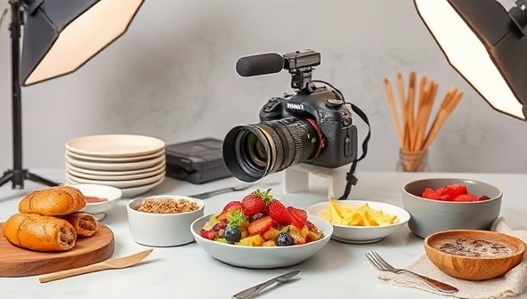 A visually appealing food photography setup with professional camera equipment, styled dishes, props, and lighting tools, creating an inspiring and creative atmosphere for learning and capturing culinary visuals.